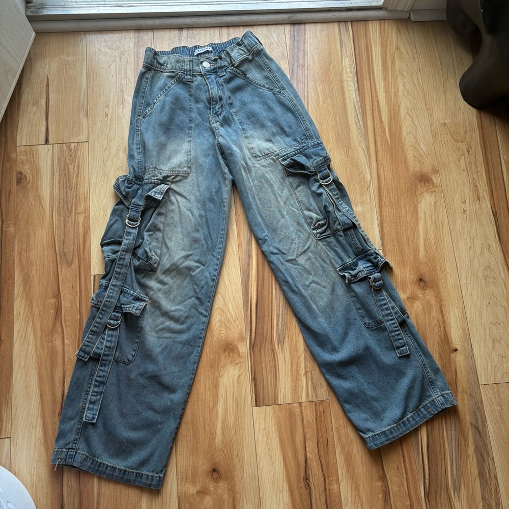 Blue Cargo Jeans with Buckle Details